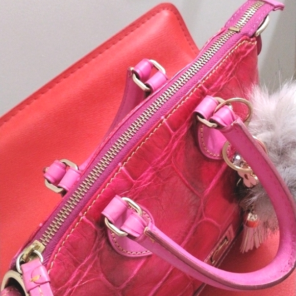 Dooney & Bourke Pink Leather Satchel Pink Croc Embossed with Pom Purse Charms - Picture 11 of 15